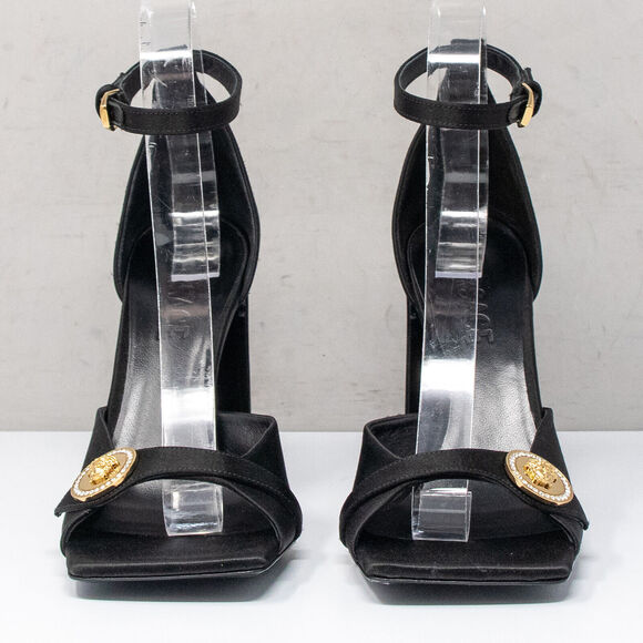 Versace Medusa Crystal Gold Medallion Black Satin Sandals, Size 37 EU (7 US) - Picture 5 of 11